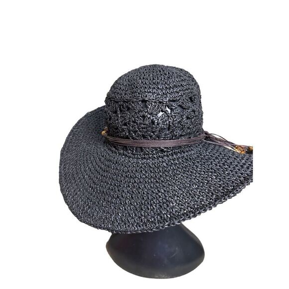 Scala Collection Womens Sun Hat Black Hand Crafted Woven Bead Bow Back One Size - Picture 3 of 8